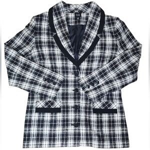Eileen Fisher Black and White Large Plaid Tweed Blazer Career Jacket